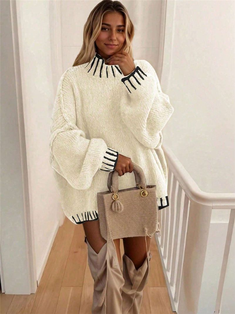 Women's Clothing Women's High Neck Oversized Sweater With Contrast Color Design - Soft Polyester Blend, Loose Fit, Streetwear Chic_ecoleips.com