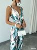 2026 Summer New Blue Pink Smudge Tie-dye Jumpsuit Women's V-neck Kinked Waist Satin Wide-leg Jumpsuit_ecoleips.com