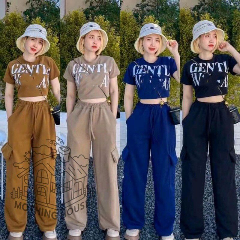 Women's Summer Fashion Set Short Sleeve T-Shirt And Cargo Pants High Waist Wide Leg Slimming Two Piece Set Letter Print Instagram Style_ecoleips.com