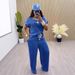 Women's Style Denim Set Round Neck Short Sleeve Top With Tie Waist Loose Straight Leg Trousers_ecoleips.com
