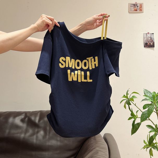 ng2510292 Navy Blue Off-shoulder Short-sleeve Women's T-shirt, 2026 Summer Design, With Contrasting Color Shoulder Straps, Ruched_ecoleips.com