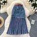 Korean Style Contrast-Color Denim A-Line Skirt – High Waisted Stretch Midi Skirt With Stripe Accents, Slimming Office & Casual Wear_ecoleips.com