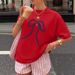 Women's Minimalist Style Base Layer T-Shirt Navy Blue Bow Print Short Sleeve Summer Top_ecoleips.com