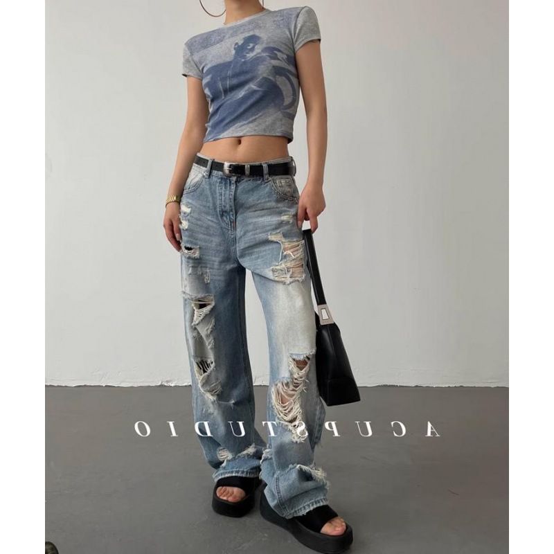 Women's Clothing High Street Hip Hop Ripped Old Retro High Street Jeans_ecoleips.com