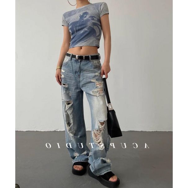 Women's Clothing High Street Hip Hop Ripped Old Retro High Street Jeans_ecoleips.com