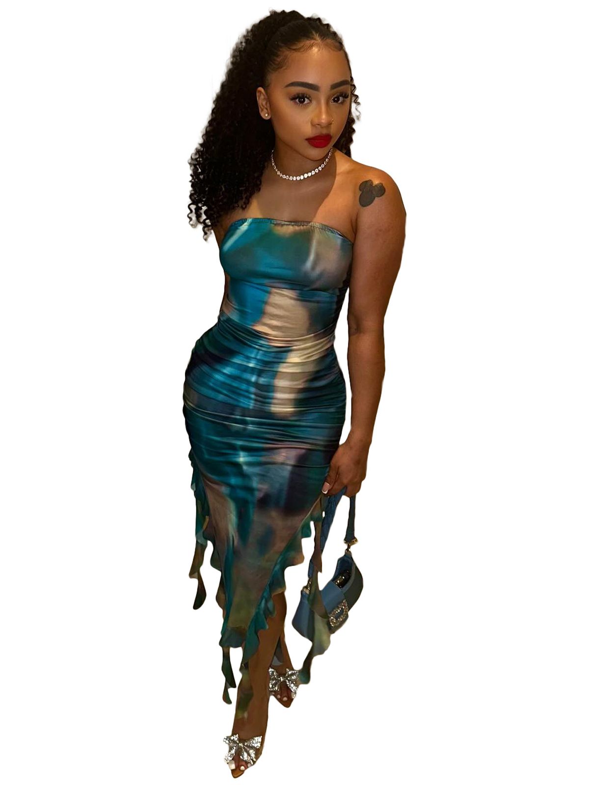 Women's Clothing Spring And Summer New Fashion Printed Chest Wrap Slit Ruffle Dress Spot Model_ecoleips.com