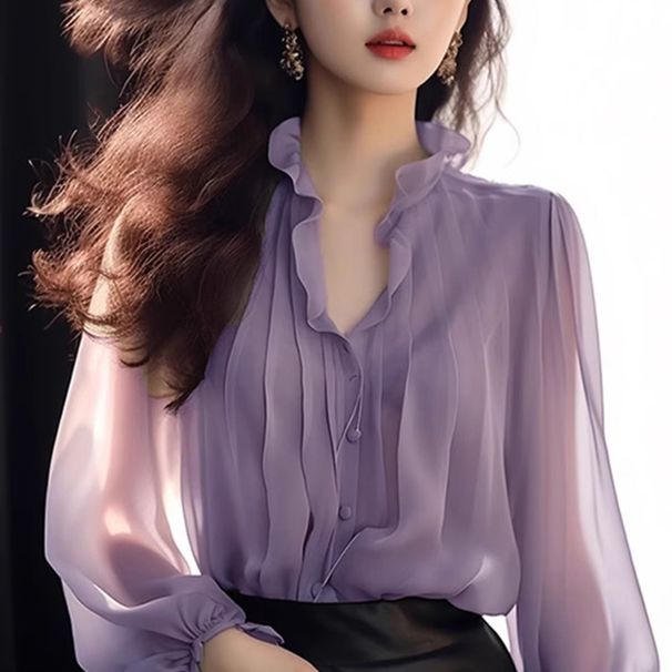 2024 Spring Unique And Exquisite Ruffled Collar Women's Blouse Mogofish Original French Lantern Sleeve Solid Color Chiffon Shirt_ecoleips.com