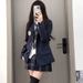 girl JK Uniform Navy Blue Suit College Style Blazer Plaid Skirt Shirt Outfit Set For Women_ecoleips.com
