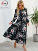 Women Elegant Floral Printed Long Dresses Spring Summer Casual O Neck Long Sleeve Ladies Chic High Waist A Line Beach Dresses_ecoleips.com