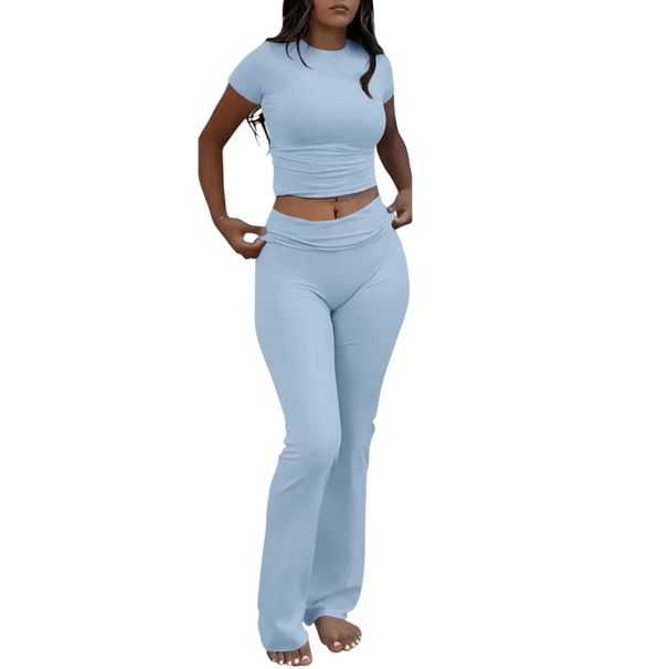 Women's Casual 2 Piece Set mid Waist Flared Pants Leggings Short Top Y2K Style Full Length Polyester Spring/Autumn Wear_ecoleips.com
