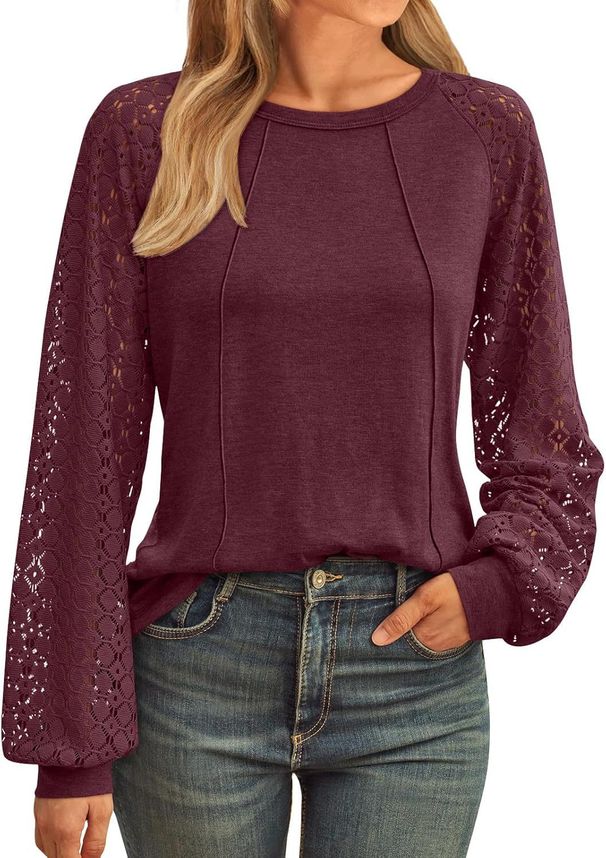 Women's Clothing New Women's Long Sleeved Round Neck T Shirt Lace Stitching Top_ecoleips.com