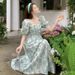 Summer Sweet Fresh Floral Puff Sleeve For Women French Style High-End Square Neck Vacation Long Dress_ecoleips.com