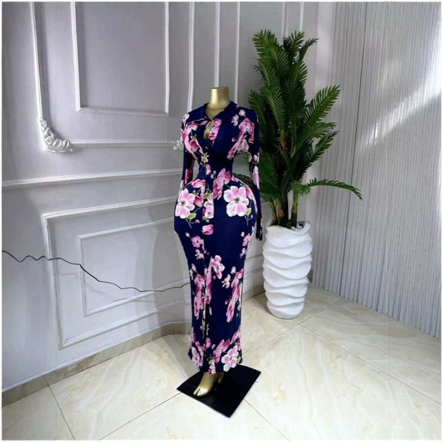 Women's Long Sleeved Collared Print Dress Slimming Waist Cinching Single Breasted European American Style 2026 New Arrival_ecoleips.com