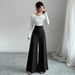 Voya Women's Black High Wide-leg Women, Slimming , Floor-length Straight Pants With Metal Button Decoration, Suitable Commuter Professional Trousers_ecoleips.com
