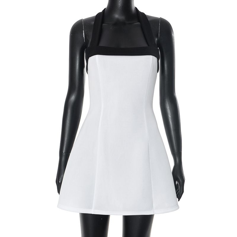 European And American Women's Fashion Color-blocking Halter Neck Tie-waist A-line Elegant Sexy Short Skirt_ecoleips.com