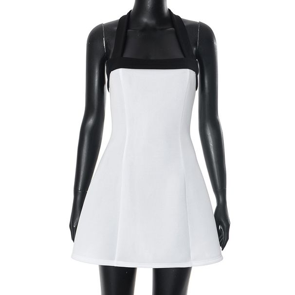 European And American Women's Fashion Color-blocking Halter Neck Tie-waist A-line Elegant Sexy Short Skirt_ecoleips.com