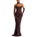 Elegant Ruffle Twist Front Bodycon Dress For Women, Off-Shoulder Midi Dress With Asymmetrical Hem In White And Deep Brown_ecoleips.com