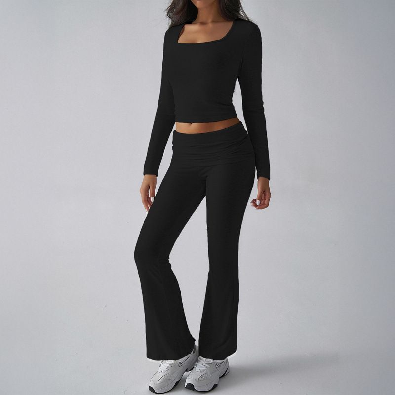 Autumn/Winter Solid Color Casual Knit Long-Sleeved Top & Yoga Pants Set_ecoleips.com