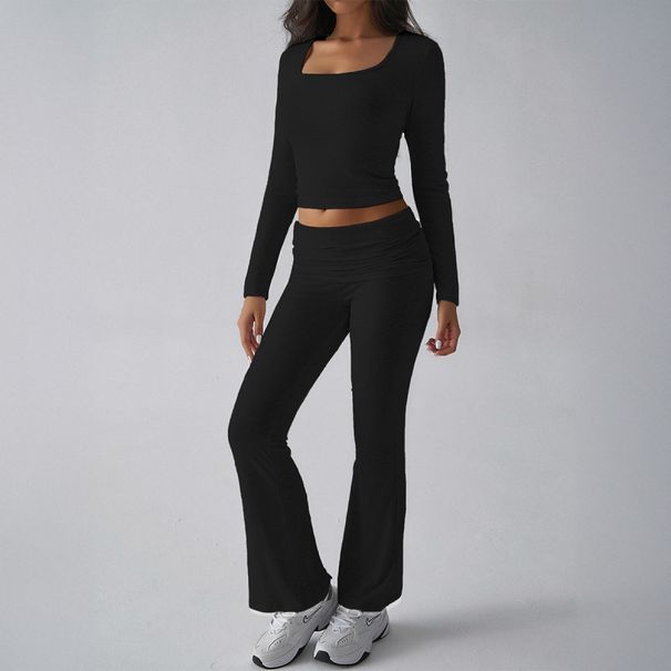Autumn/Winter Solid Color Casual Knit Long-Sleeved Top & Yoga Pants Set_ecoleips.com
