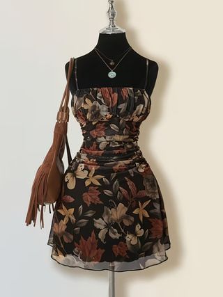 Retro Maple Leaf Print Women's Dress Ruffled Detail for Valentine's Day Wedding Season Vacation Back to School Cross Border E Commerce_ecoleips.com