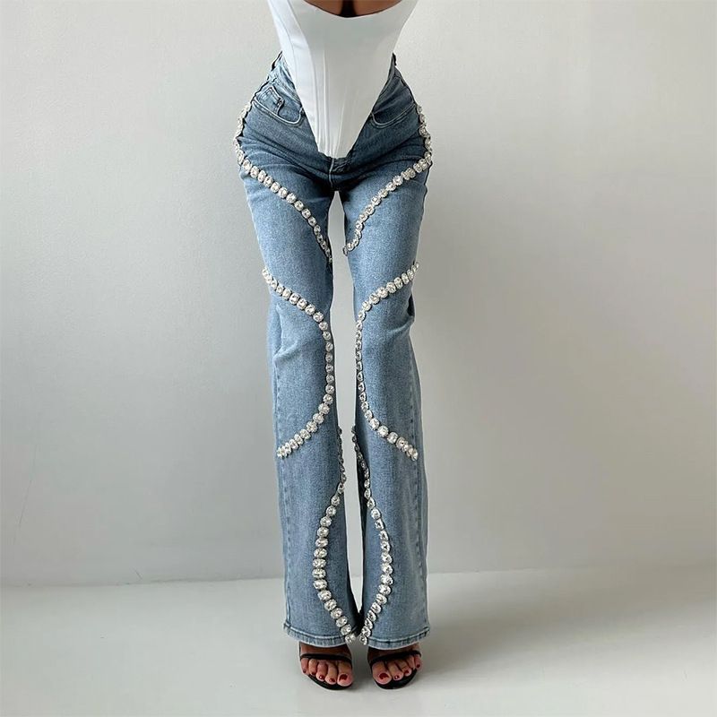 Women's Clothing Jeans Spring Ring Rhinestone Splicing Design Straight Trousers_ecoleips.com