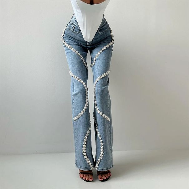 Women's Clothing Jeans Spring Ring Rhinestone Splicing Design Straight Trousers_ecoleips.com