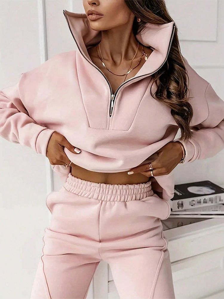 Women's Clothing Stylish & Comfortable Stand Collar Hoodie & Pants Set For Women - Casual & Office Wear (Dark Brown, Pink, Gray, Black) - XS/S/M/L/XL_ecoleips.com