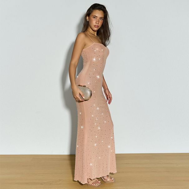 Lu Qiuguo Dress Spring And Autumn High End Dress Transparent Mesh Hot Diamond Sling Long Dress FD0148_ecoleips.com