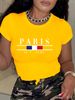 Casual White Round-neck T-shirt With Colorful Bear Desig Short Sleeves Women's FashionDamen Kurzarm-Top Mit 'PARIS JE T'AIME' Flaggen-Print_ecoleips.com