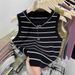 Women's Clothing Striped Knit Camisole Summer Wide Shoulder Straps Base Layer Fitted Tank Top Anti-Exposure Regular Fit Polyester_ecoleips.com