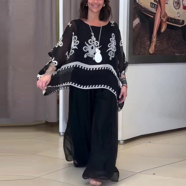 Women's Clothing Elegant Bat Sleeve Casual Round Neck Printed Two Piece Suit_ecoleips.com