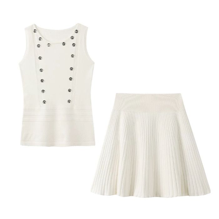 Pure Desire Hot Girl Style High-End Beaded Sleeveless Knitted Vest Top Women Summer High-Waisted Pleated Skirt Set_ecoleips.com