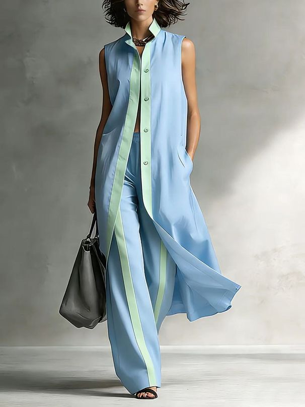 Women's Color-Block Lounge Set, Casual Sleeveless Vest And Open Front Cardigan With Wide-Leg Pants, Soft Polyester Blend Comfort Outfit_ecoleips.com