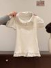 Korean Sweet Top Quality Style White Polka Dot Faux Two-Piece Puff Sleeve T-Shirt For Women, Summer Turn-Down Collar, Patchwork Doll_ecoleips.com