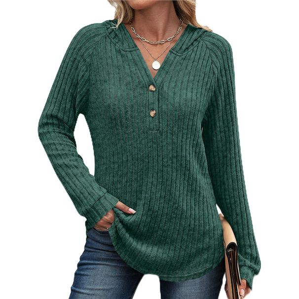 Women's V Neck Button Up Fleece Knit Top Solid Color Loose Fit Hooded Top For Fall/Winter Style_ecoleips.com