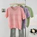 Women's Clothing Contrast Color Round Neck Beaded Hollow Short Sleeve Knitted Sweater Summer New Style All Match Sweet Age Reducing Slim Fit Tops_ecoleips.com