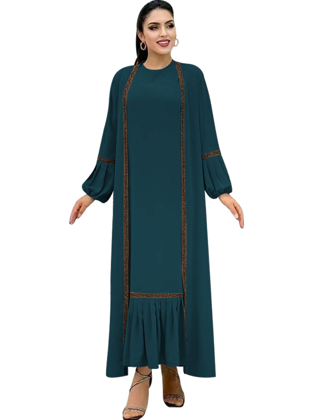 Women New Solid Color Beaded Coat Fashionable And Elegant Muslim Robe Dress_ecoleips.com