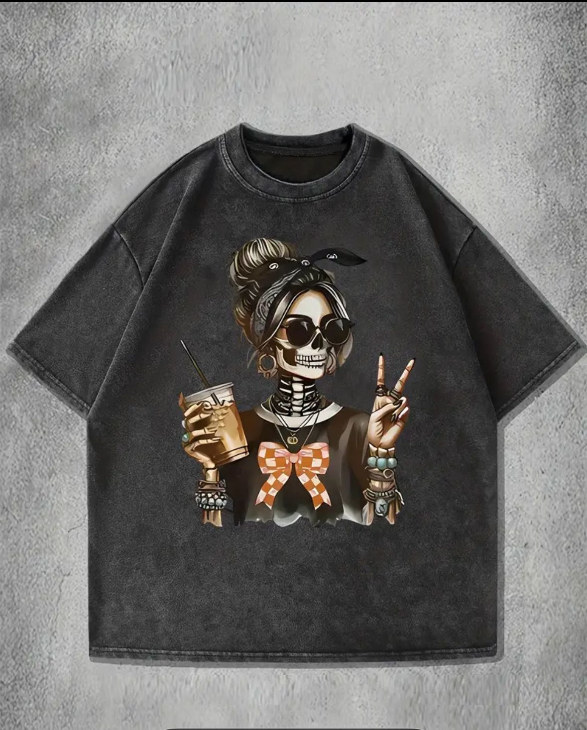Skull Print Loose Short Sleeve T-Shirt Rock American Dark Retro Washed_ecoleips.com