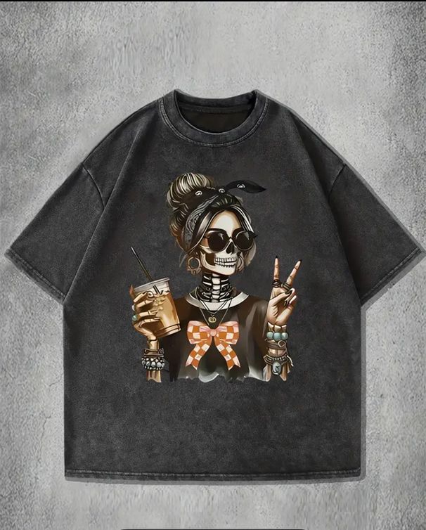Skull Print Loose Short Sleeve T-Shirt Rock American Dark Retro Washed_ecoleips.com