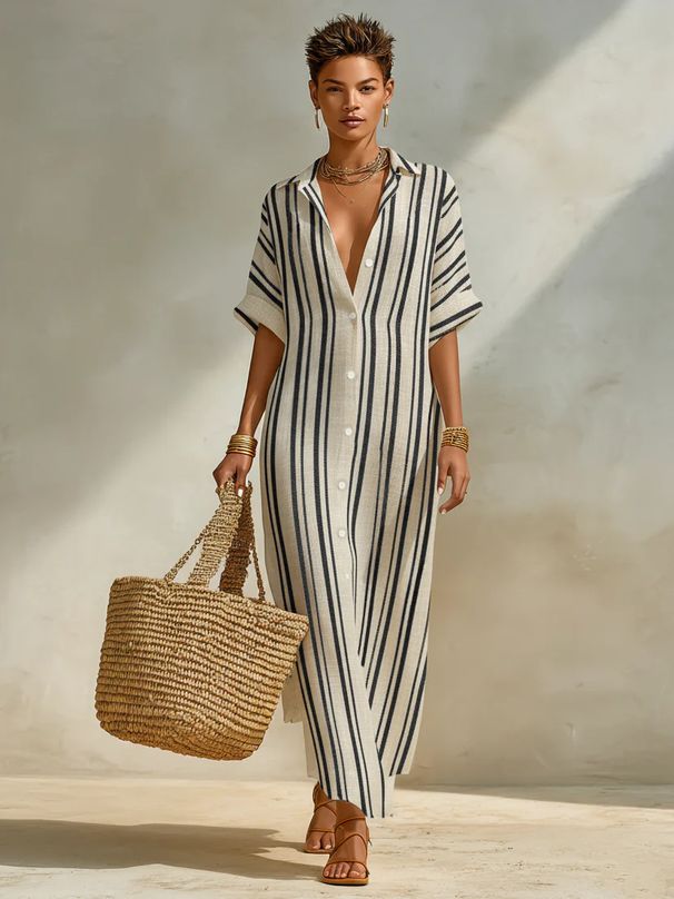 Women's Striped Button Down Shirt Maxi Dress – Loose Fit Casual Beach Resort Gown For Summer 2026_ecoleips.com