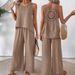 Elegant Solid Color Lace Hollow-Out Two-Piece Set Women's Fashion Vest & Wide-Leg Pants For Casual & Office Wear_ecoleips.com