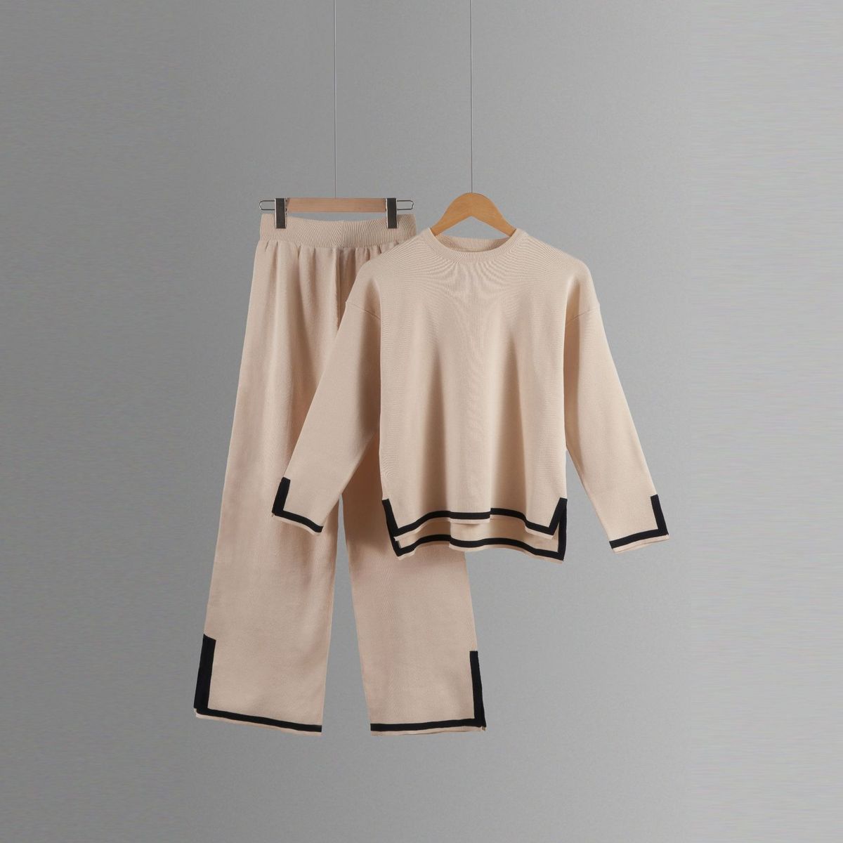 New European American Cross-border Home Wear Set, 2-piece Long-sleeve Knitted Sweater Top And Wide-leg Pants Casual Set_ecoleips.com