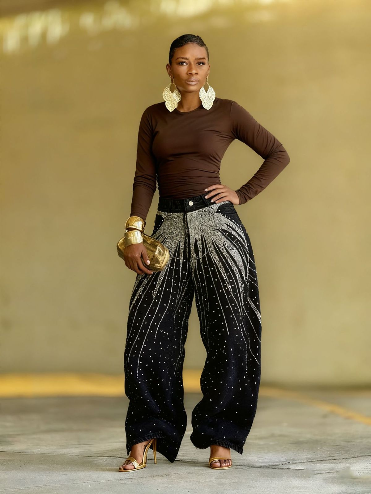 Women's Curved Straight Leg Jeans Rhinestone Scattered Starry Sky Design New 2026 Style Independent Store_ecoleips.com