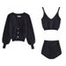 European And American New Plush Imitation Mohair Suit V Neck Sling + High Waist Shorts + Diamond Button Cardigan Jacket For Women_ecoleips.com