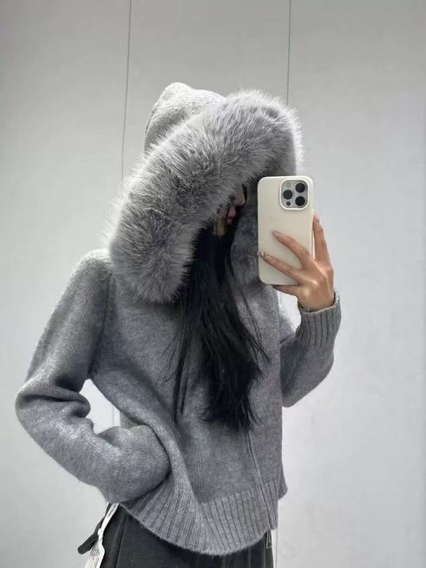 Women's Clothing Hooded Fur Collar Stitching Knitted Sweater Jacket Women's Knit Hooded Cardigan With Faux Fur Trim - Casual Fall & Winter Outerwear_ecoleips.com