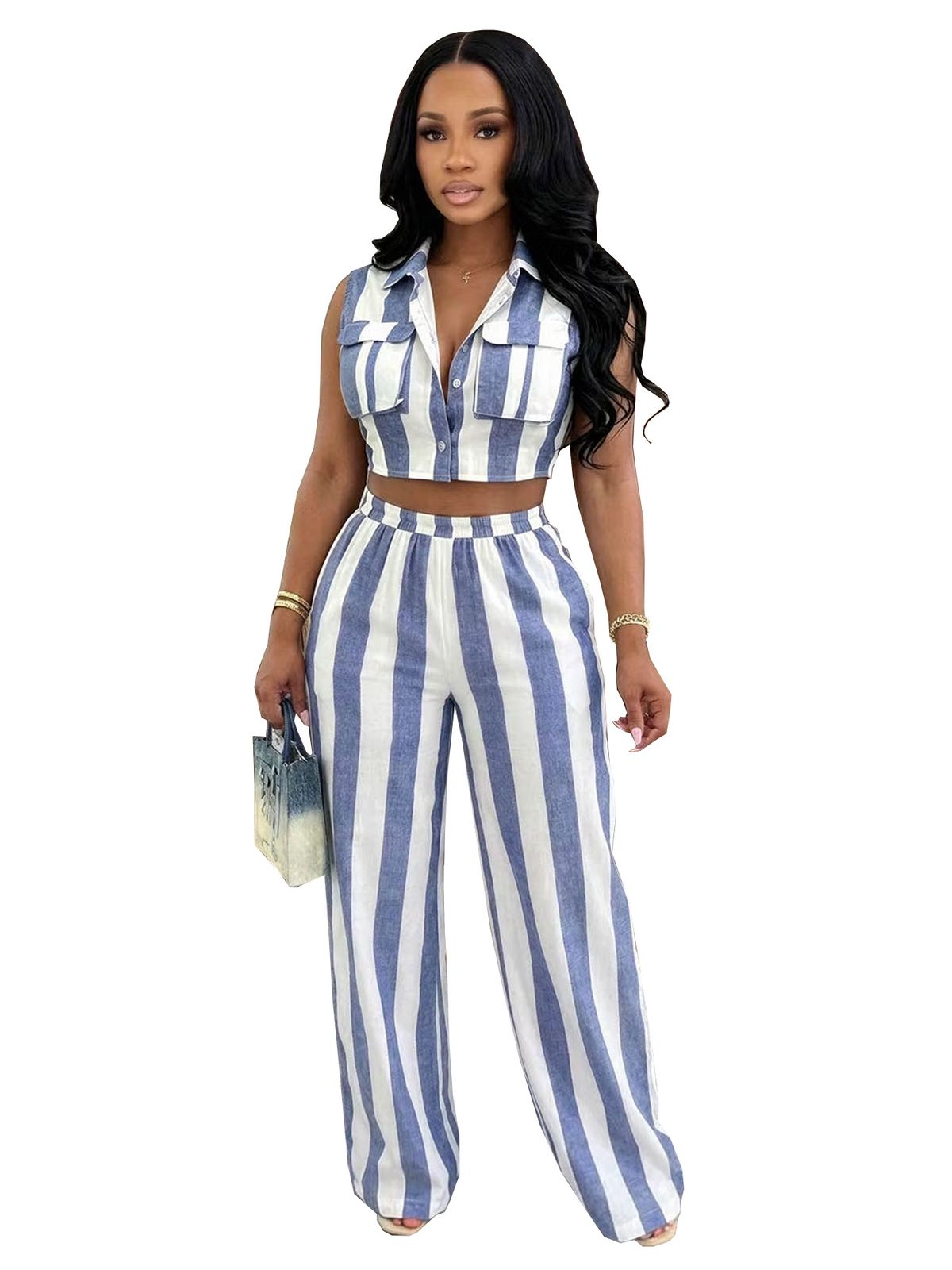 Fashion Women's Clothing Set Color Block Striped Vest Collared Shirt High Waist Wide Leg Pants TW887 European American Style Commuting_ecoleips.com