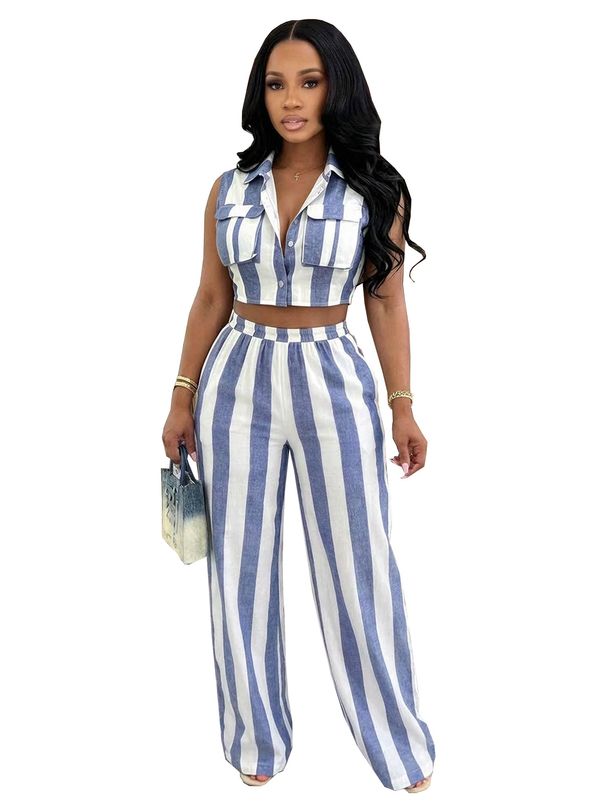Fashion Women's Clothing Set Color Block Striped Vest Collared Shirt High Waist Wide Leg Pants TW887 European American Style Commuting_ecoleips.com