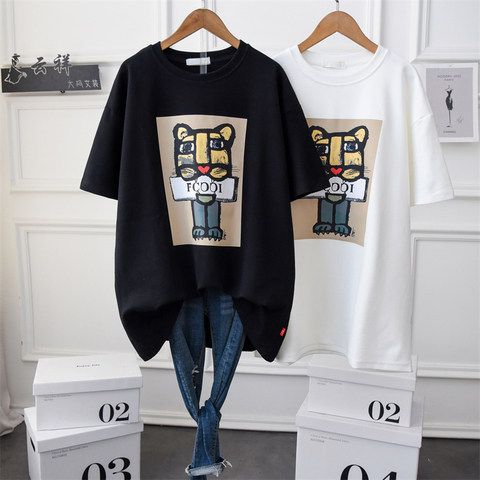 2024 Koran Styl Nw Summr Cotton Tigr Print Round Nck Short T-Shirt For Womn Vrsatil Loos Mid-Lngth Half_ecoleips.com