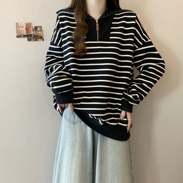European American Style Spring And Autumn Navy Collar Casual Sweatshirt For Women, Striped Shirt, Plus Size, Unique_ecoleips.com