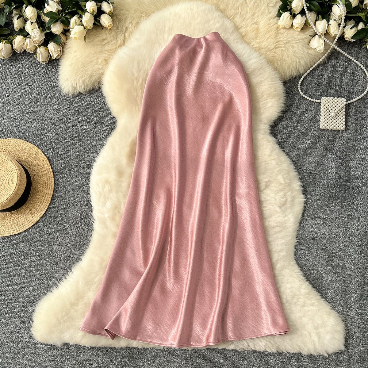 Women's Clothing Satin Skirt High Waist Slim A Line Hip Wrapped Drape Fishtail Mid Length Skirt_ecoleips.com